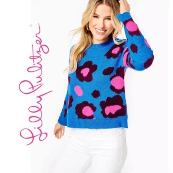 Lilly Pulitzer Ferrara Sweater Blue Flare Growl and Prowl Jacquard Print Size XS - Picture 2 of 16